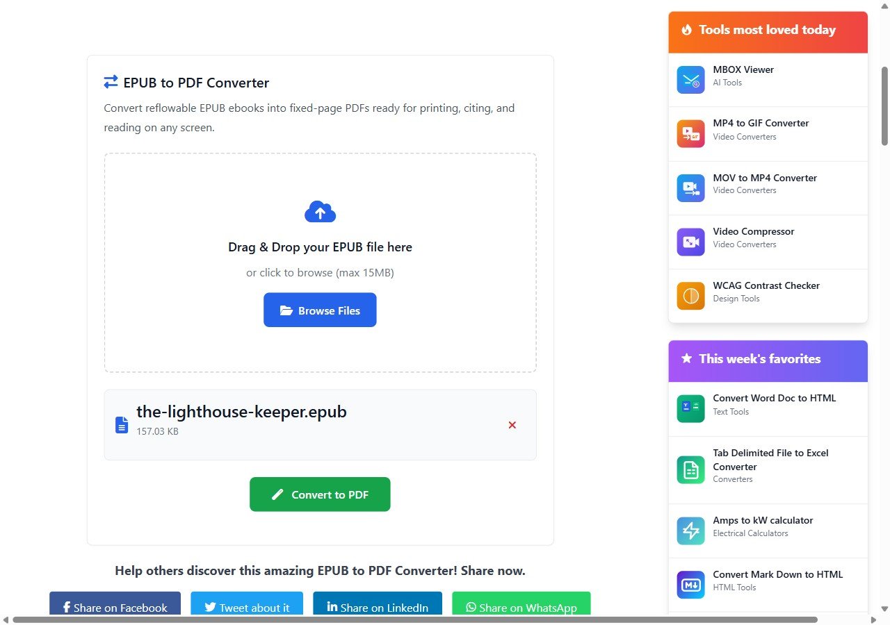 The EPUB to PDF converter with a 157 KB file named the-lighthouse-keeper.epub loaded below the drop zone and a green Convert to PDF button.