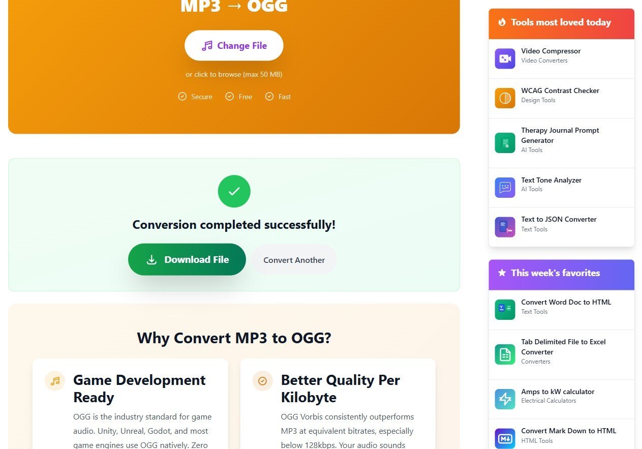 The MP3 to OGG Converter page showing a green check mark, the message Conversion completed successfully, and Download File and Convert Another buttons.
