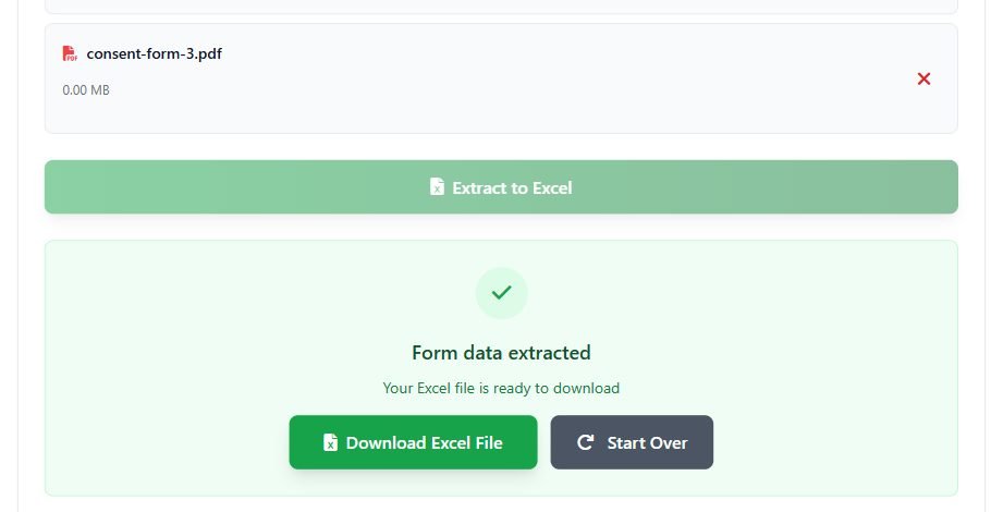 A green panel reading Form data extracted, with a Download Excel File button and a Start Over button.