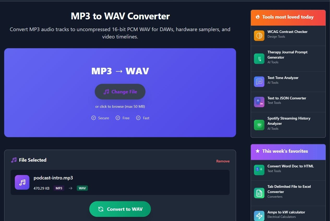 The MP3 to WAV Converter page with a file named podcast-intro.mp3, 470.29 KB, selected and a green Convert to WAV button below it.