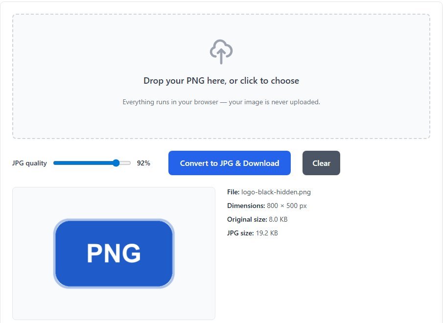 The PNG to JPG converter page with an 800 by 500 logo loaded, the JPG quality slider at 92%, and file details showing an 8.0 KB PNG and a 19.2 KB JPG.