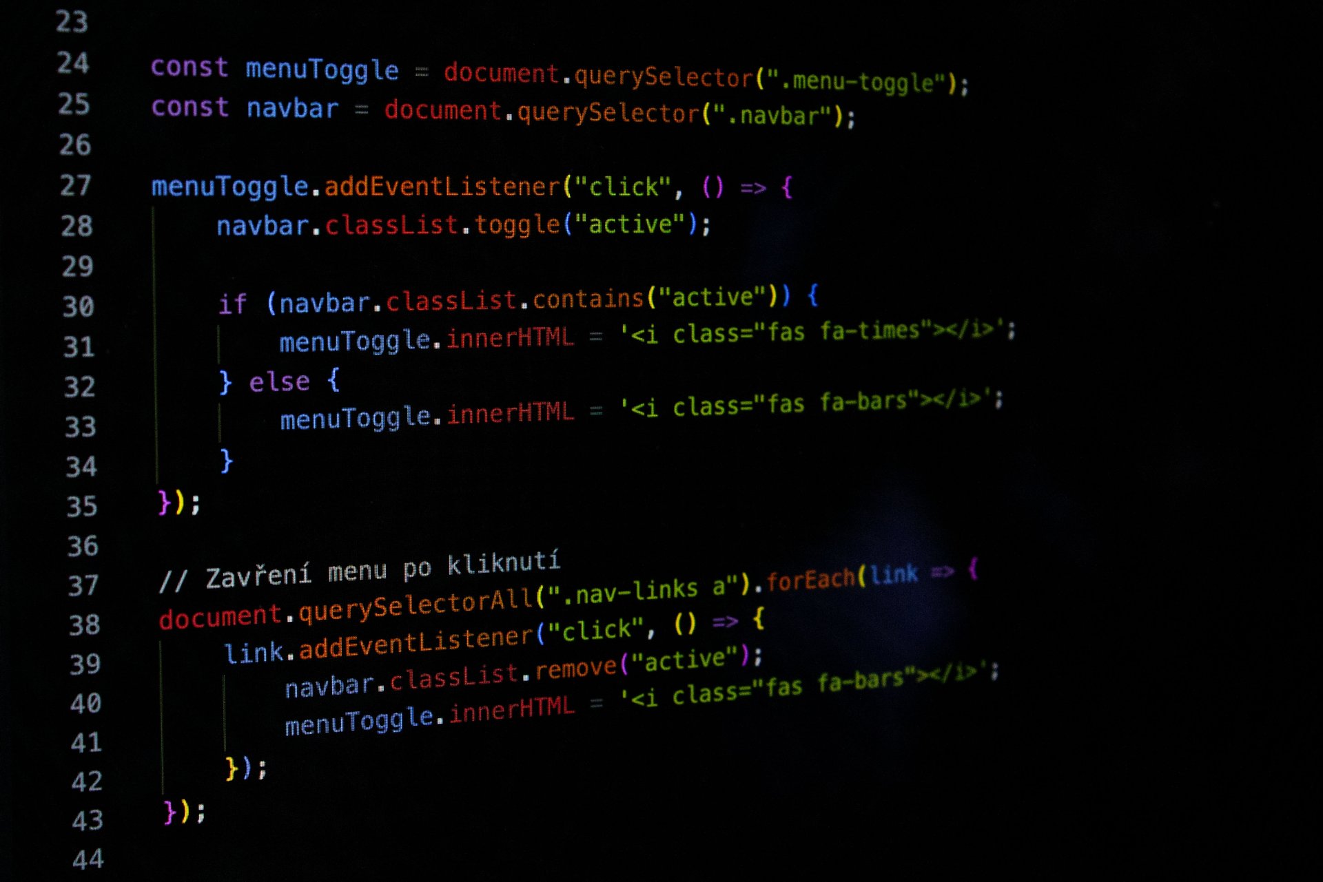 JavaScript in an editor with line numbers down the left side