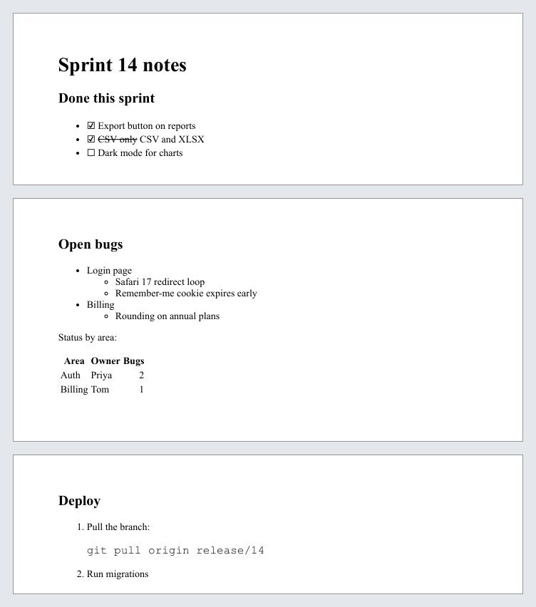 Three PDF pages after the fixes: ballot box characters, a struck-through phrase, properly nested sub-bullets, a three-column table and an indented code line under step 1.