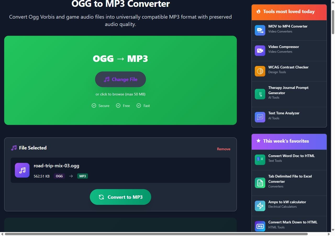 The OGG to MP3 Converter page with a file named road-trip-mix-03.ogg, 562.51 KB, selected and a green Convert to MP3 button below it.