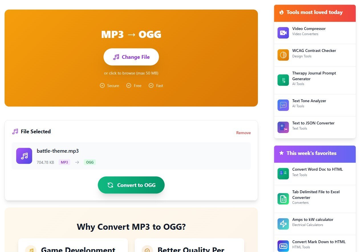 The MP3 to OGG Converter page with a file named battle-theme.mp3, 704.78 KB, selected and a green Convert to OGG button below it.