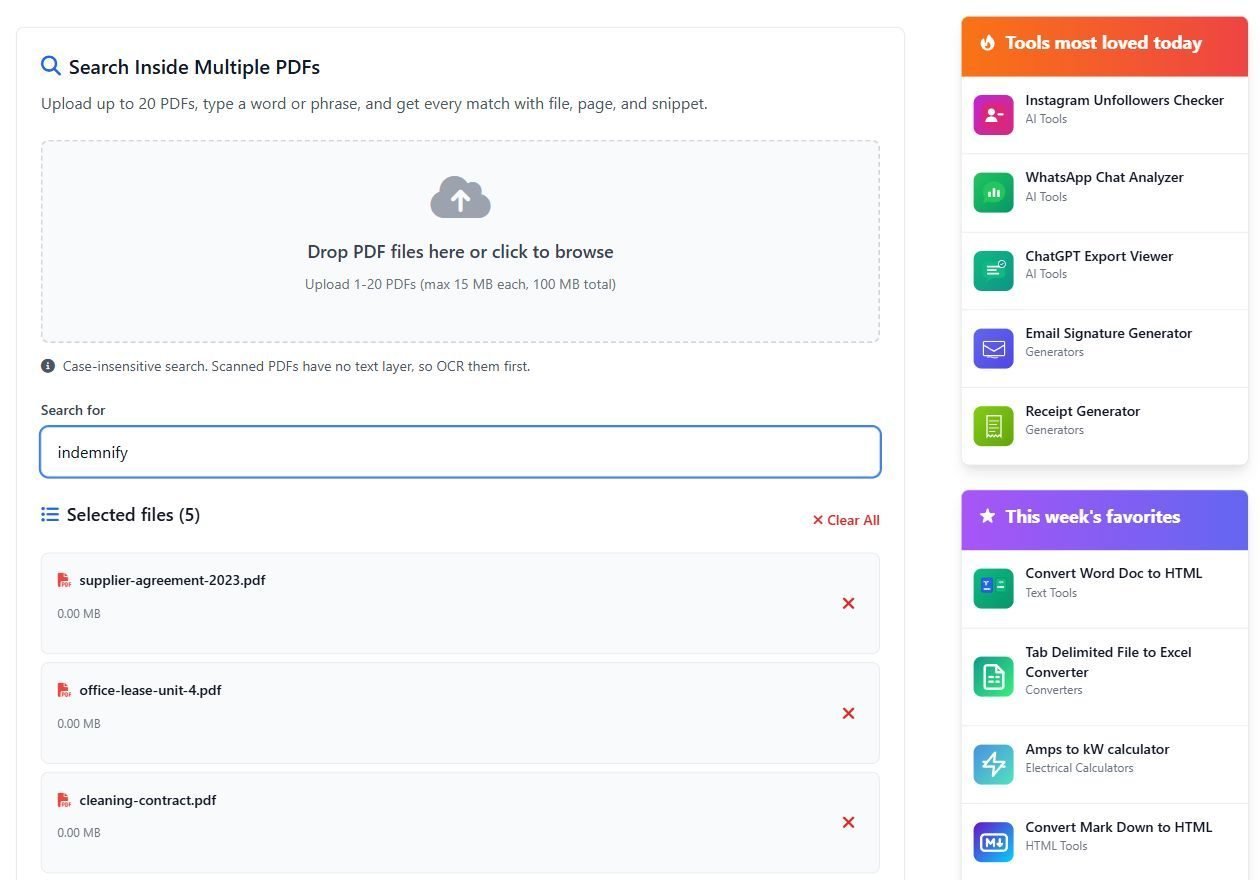 The Search Multiple PDFs tool with five contract PDFs listed under Selected files and the word indemnify typed in the Search for box.