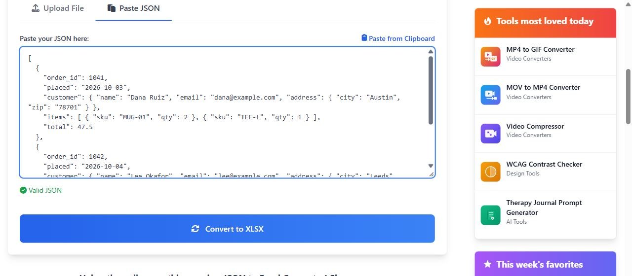 The JSON to Excel converter's Paste JSON tab holding two orders, each with a nested customer object and an items list, marked as valid JSON above a Convert to XLSX button.