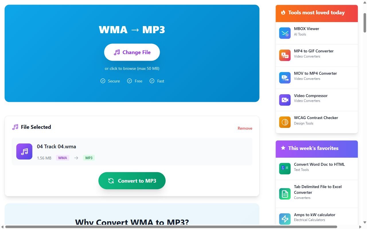The WMA to MP3 converter page with a 1.56 MB file named 04 Track 04.wma selected and a green Convert to MP3 button below it.
