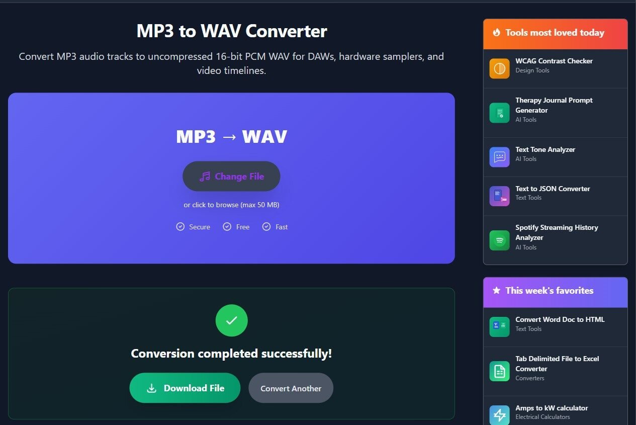 The MP3 to WAV Converter page showing a green check mark, the message Conversion completed successfully, and Download File and Convert Another buttons.