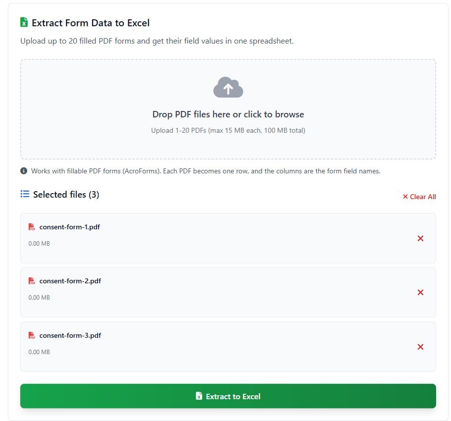 The PDF Form to Excel tool with three consent form PDFs listed under Selected files and the Extract to Excel button below them.