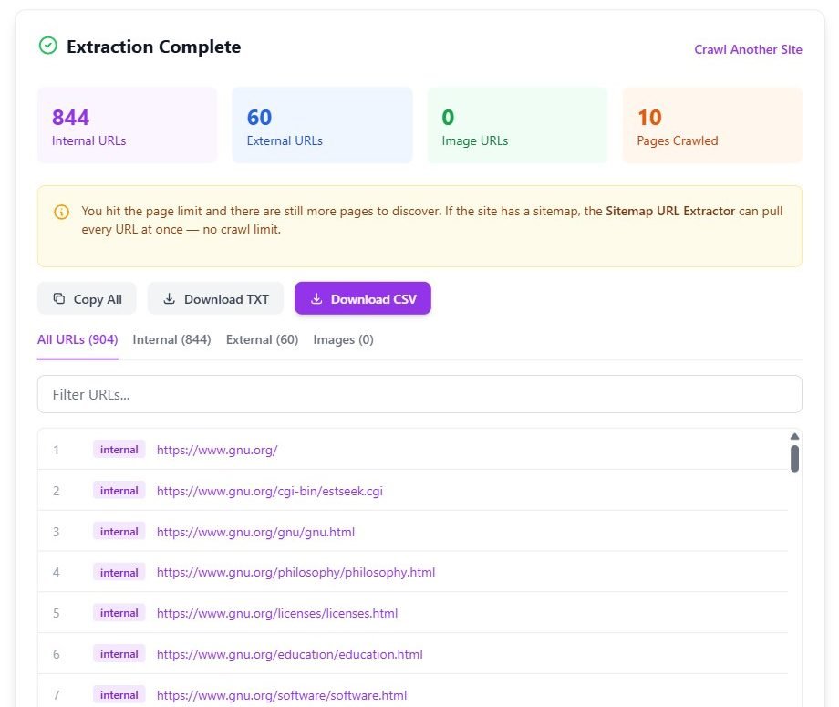 The Website URL Extractor results for gnu.org after 10 pages: 844 internal URLs, 60 external, 0 images, and an amber note saying the page limit was hit with more pages left to discover.