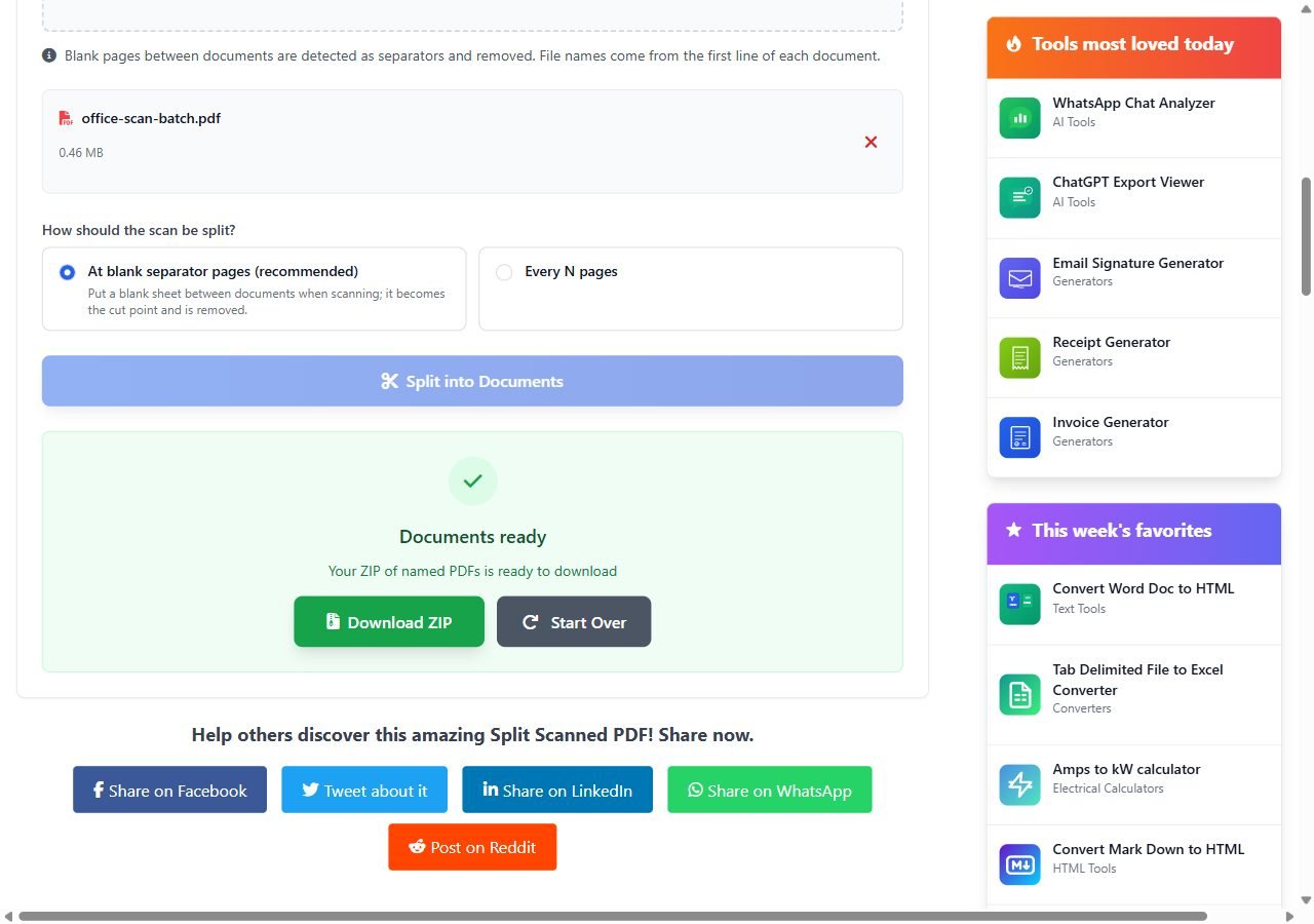 A green panel reading Documents ready, with a Download ZIP button and a Start Over button below the split options.