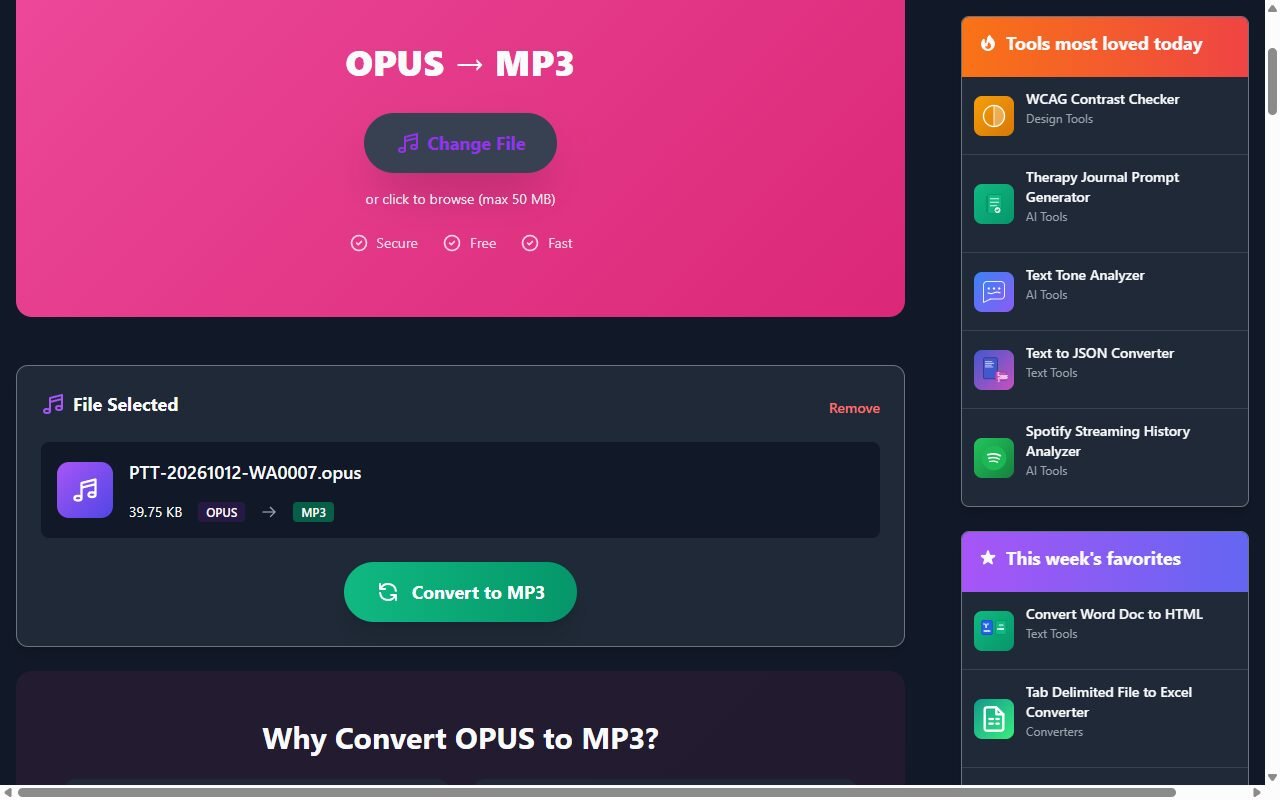 The OPUS to MP3 Converter page with a file named PTT-20261012-WA0007.opus, 39.75 KB, selected and a green Convert to MP3 button below it.